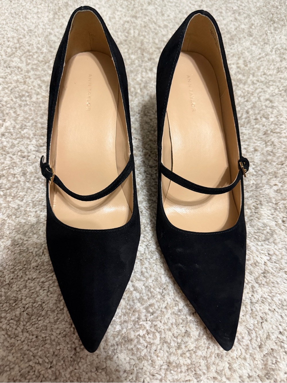 Ann Taylor Black Suede Pointed Mary Jane Heels